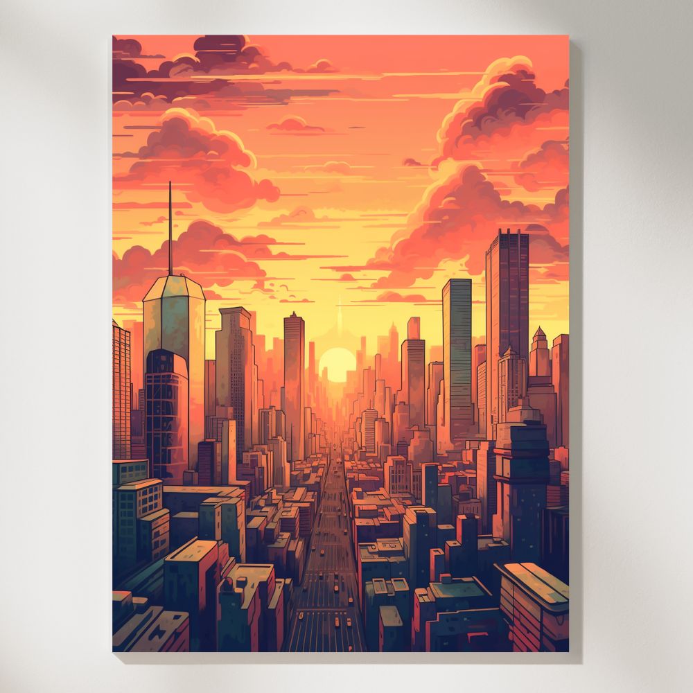 Retro Skylines: Iconic Cityscape in Sunset Glow Wall Art