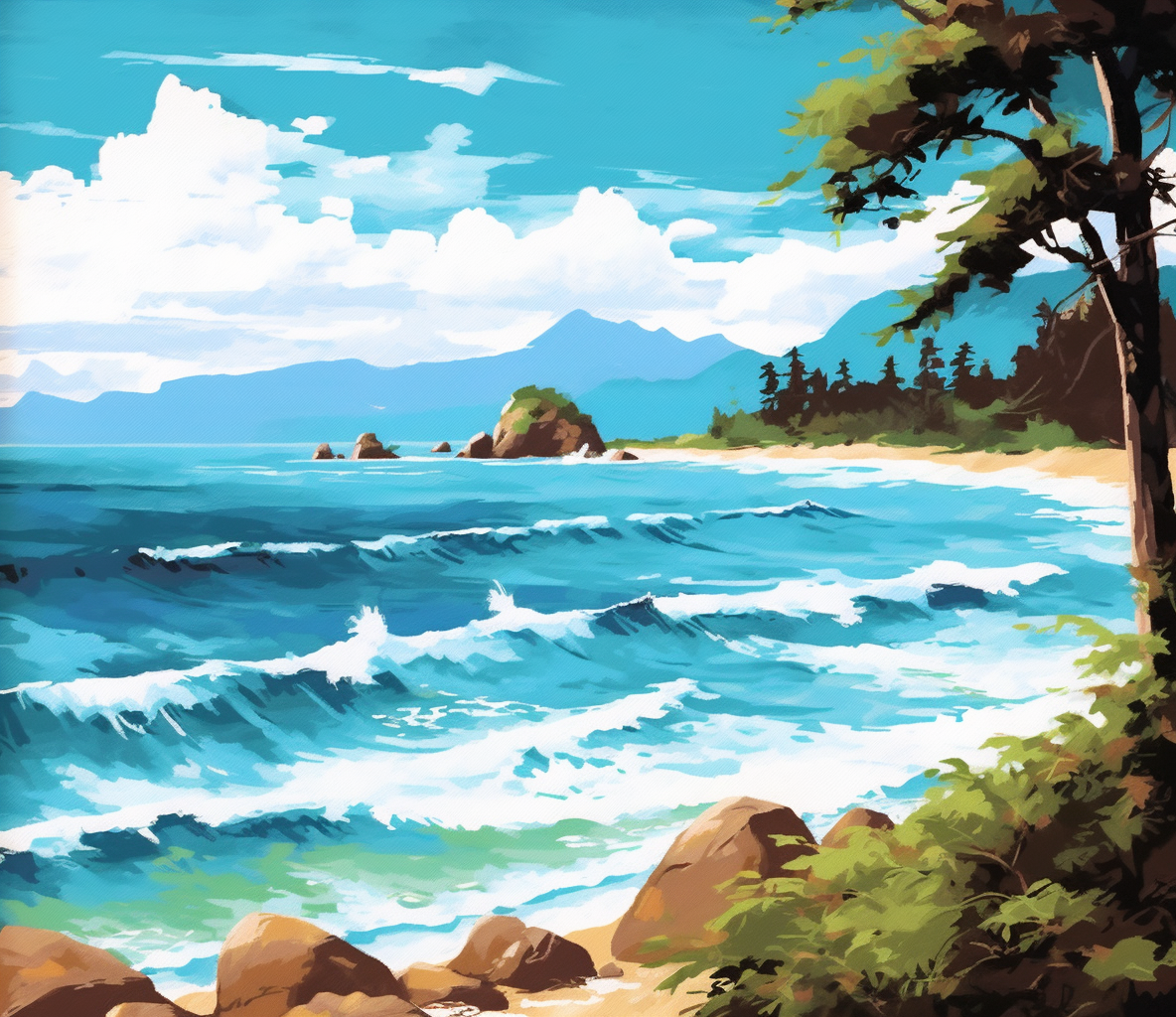 Ocean Trees, and Mountains - Paint by Numbers