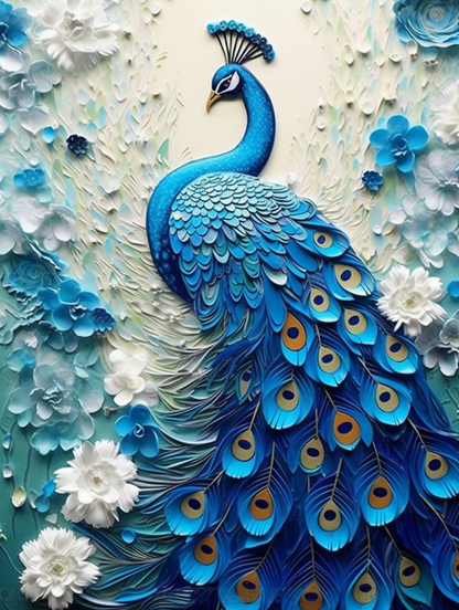 White and Blue Peacock - Diamond Painting Kit
