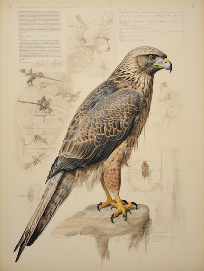 Falcon Flight Detailed Blueprint in Arabic Miniature Style Wall Art