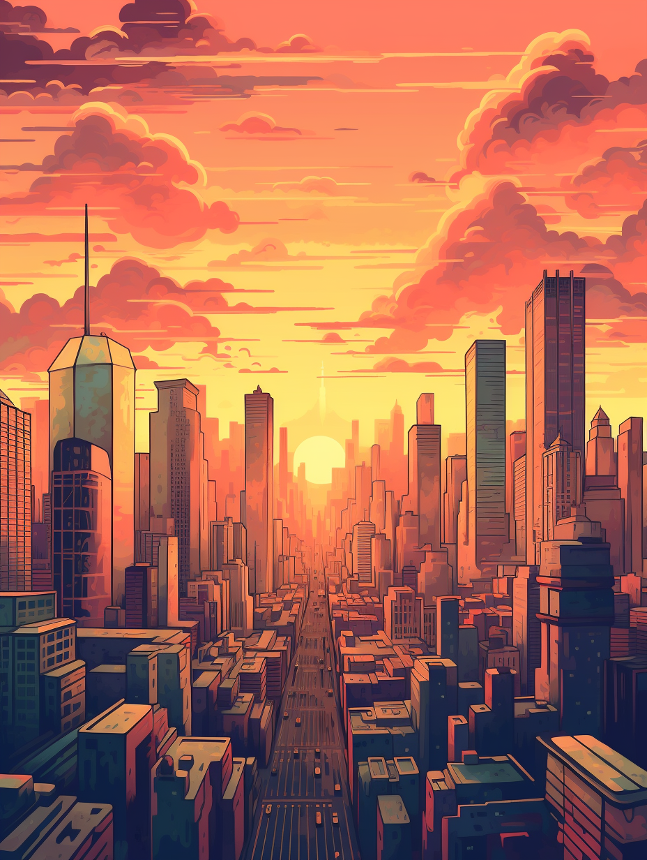 Retro Skylines: Iconic Cityscape in Sunset Glow Wall Art