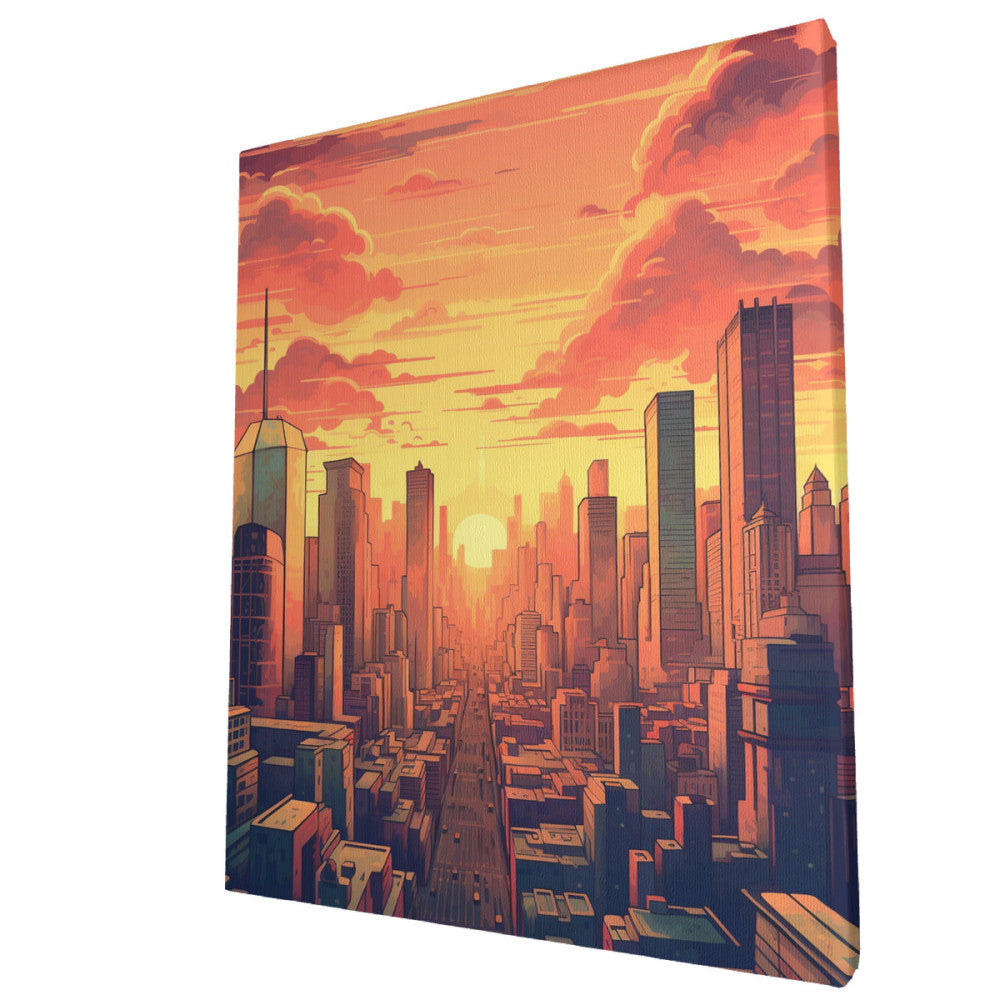 Retro Skylines: Iconic Cityscape in Sunset Glow Wall Art