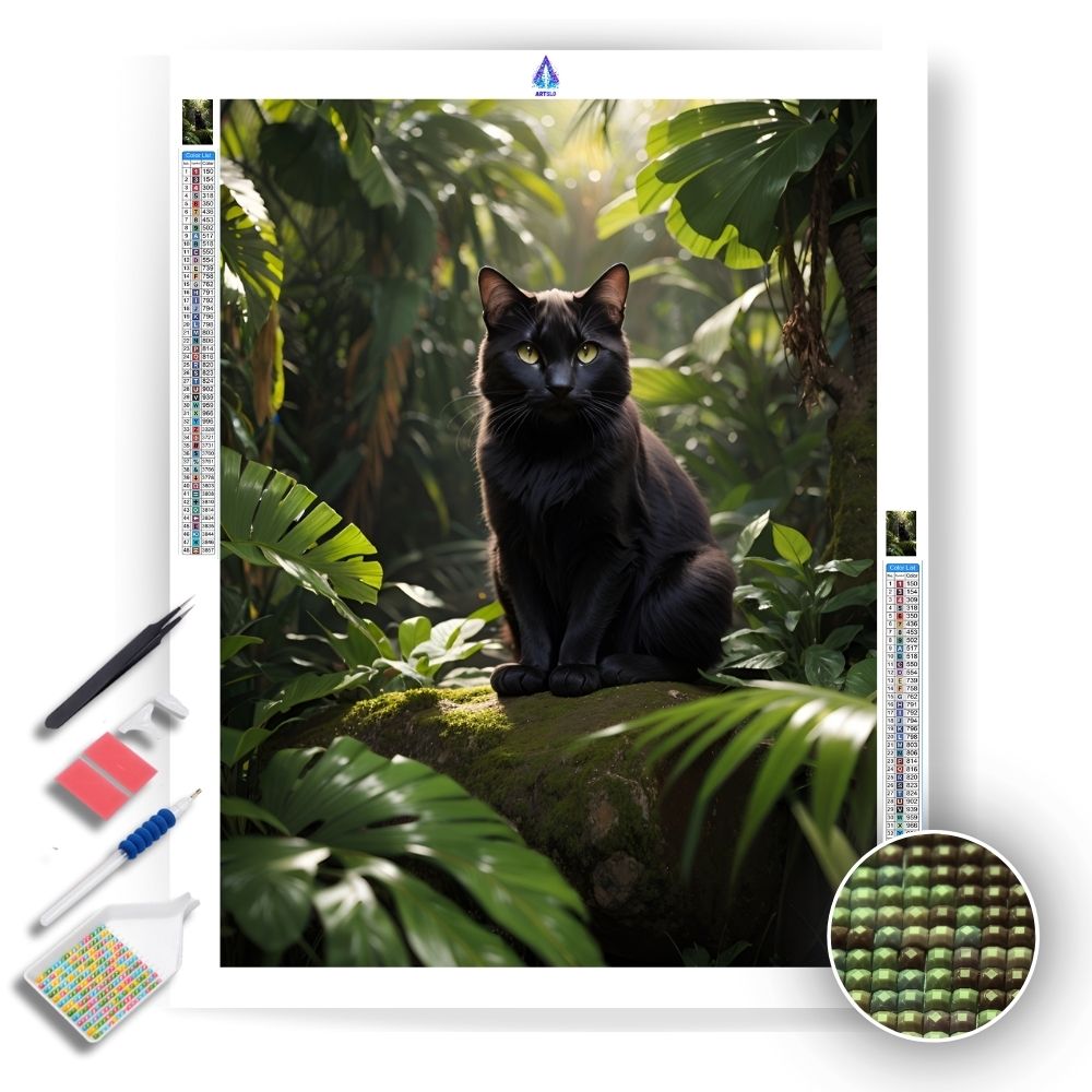 Black Cat in Tropical Jungle - Diamond Painting Kit - Artslo.com