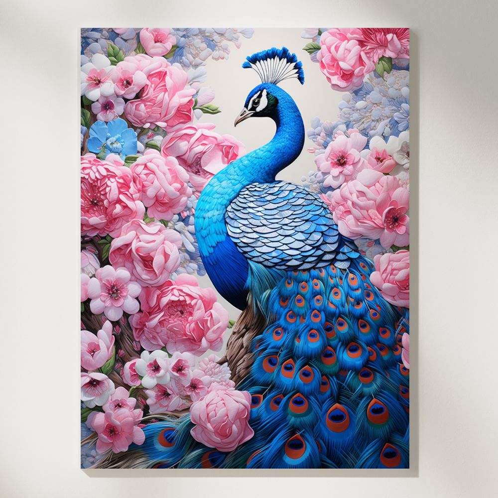 Blue Peacock and Roses - Paint by Numbers - Artslo.com