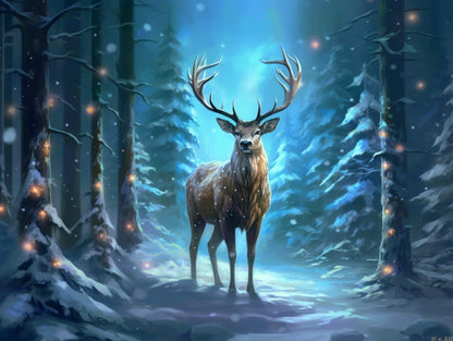 Christmas Stag in Forest - Diamond Painting Kit - Artslo.com